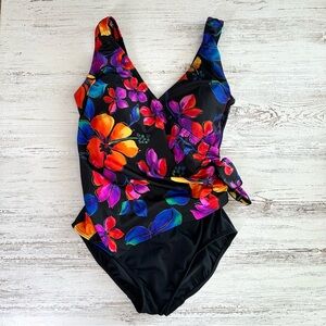 INCHES AWAY Tropical Floral Wrap One Piece Swimsuit 12 Black